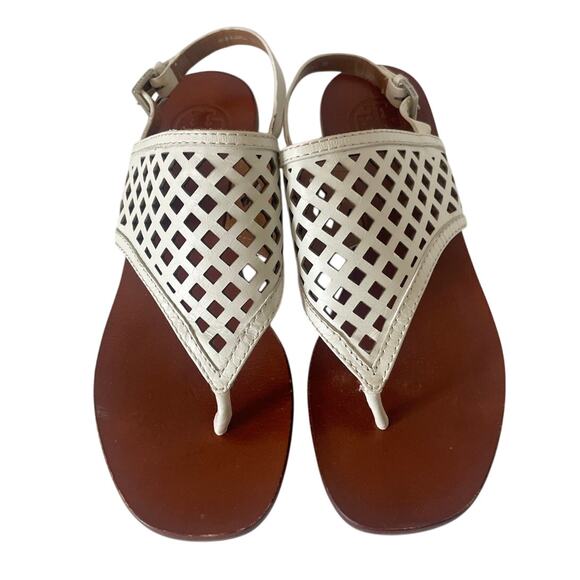 Tory Burch White Leather Laser Cut Chunky Silver Mirrored Heel Sandals • Size 6 - Picture 1 of 3